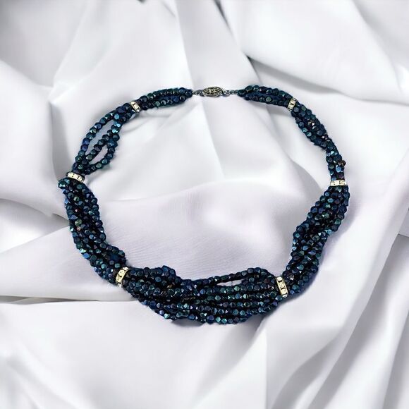 Vintage Iridescent‎ Blue Beaded Diamondesque Rope Choker Necklace - Picture 1 of 11